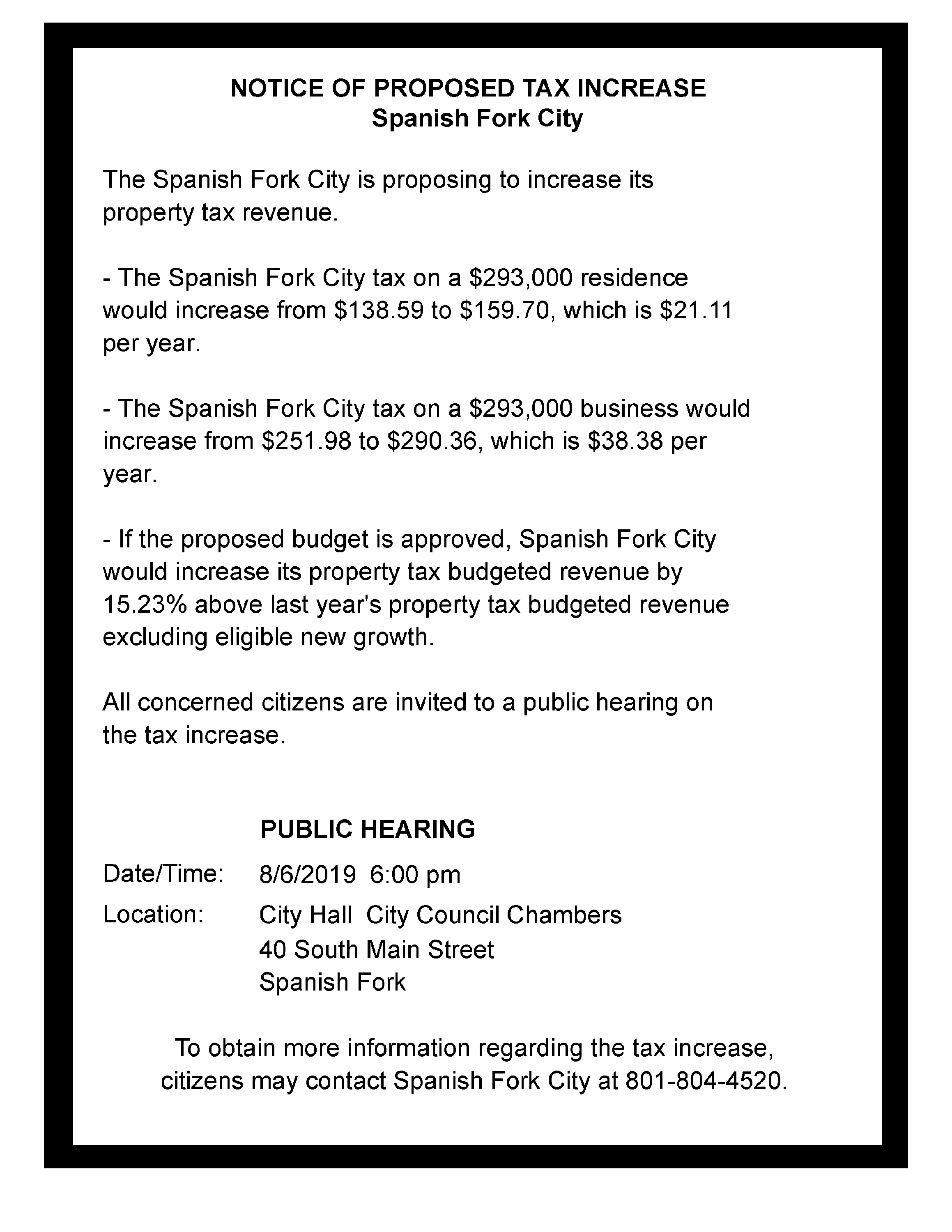 Flyer for Public Hearing regarding tax increase